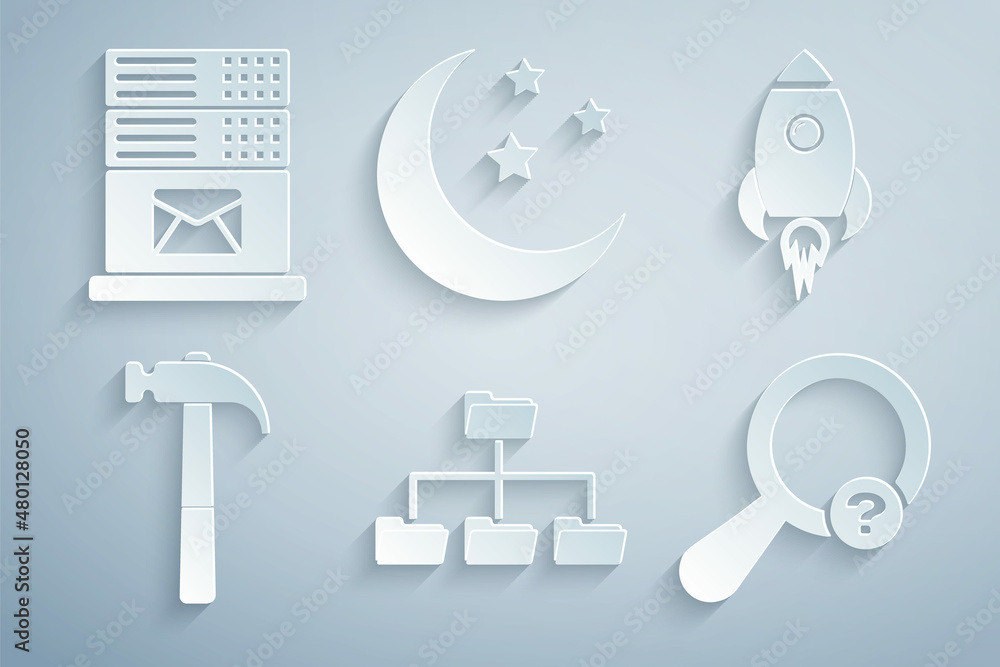 Set Folder tree, Rocket ship with fire, Hammer, Unknown search, Moon and stars and Mail server icon. Vector Set Folder tree, Rocket ship with fire, Hammer, Unknown search, Moon and stars and Mail server icon. Vector