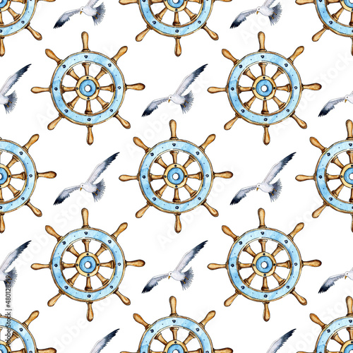 Watercolor illustration pattern of vintage wooden ship steering wheel and seagull. Seamless repeating print sea voyage, sailing. Steering wheel with handles, schooner control. Isolated over white