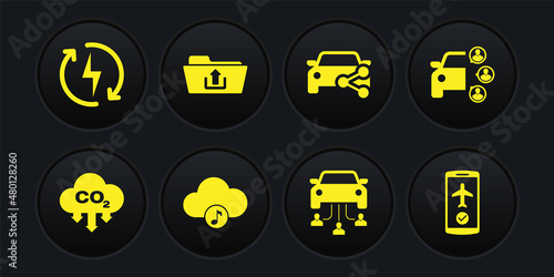 Set CO2 emissions in cloud, Car sharing, Music streaming service, , and Folder upload icon. Vector