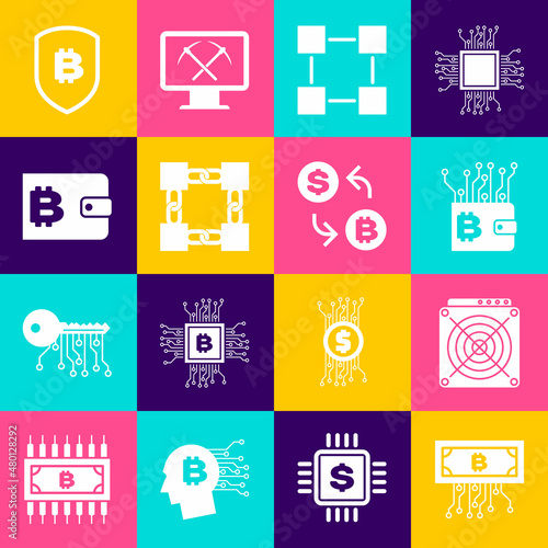 Set Cryptocurrency bitcoin with circuit, ASIC Miner, wallet, Blockchain technology, and icon. Vector