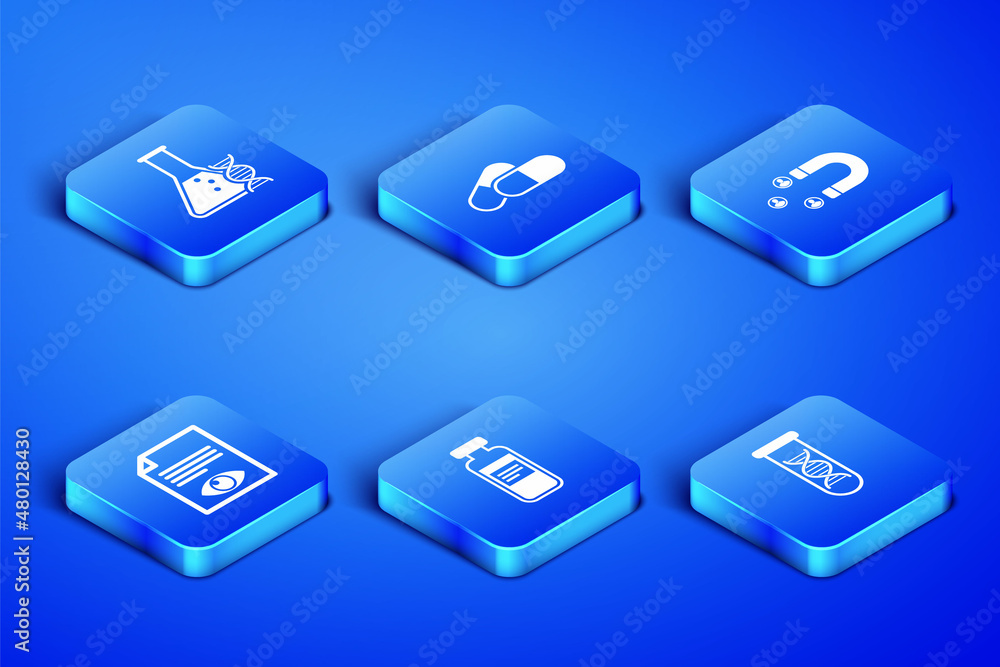 Set DNA research, search, , Medical vial, ampoule, Paper page with eye, Medicine pill or tablet and Customer attracting icon. Vector Set DNA research, search, , Medical vial, ampoule, Paper page with eye, Medicine pill or tablet and Customer attracting icon. Vector