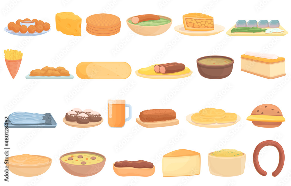 Dutch cuisine icons set cartoon vector. Cheese dairy. Emmental gourmet Dutch cuisine icons set cartoon vector. Cheese dairy. Emmental gourmet