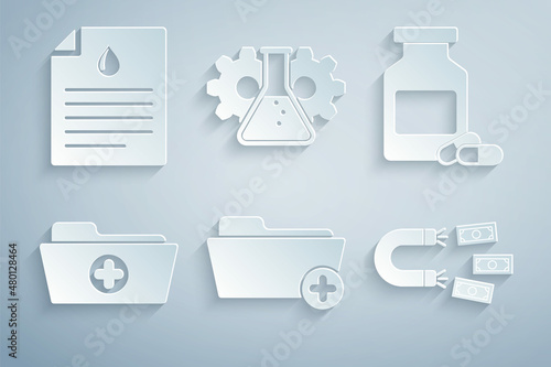 Set Health record folder, Medicine bottle and pills, , Magnet with money, Bioengineering and Clipboard blood test icon. Vector