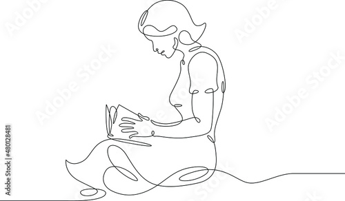 One continuous line.Woman reads a book. A student reads a textbook. Library and Education.Continuous line drawing.Lineart isolated white background.