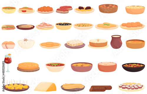 Spanish cuisine icons set cartoon vector. Food plate. Cuttlefish pasta