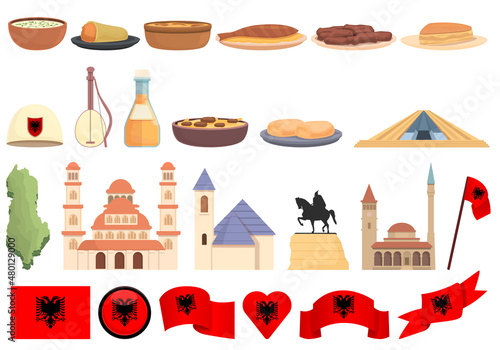 Albania icons set cartoon vector. Are map. Europe country