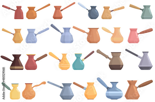 Turkish coffee pot icons set cartoon vector. Arabic coffee. Cafe cook