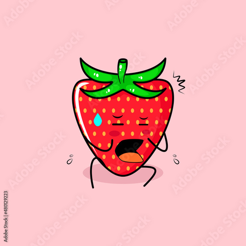 cute strawberry character with afraid expression and sit down. green and red. suitable for emoticon, logo, mascot or sticker