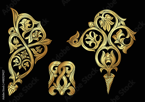 Interlacing abstract ornament in the medieval, romanesque style. Gold element for design. Vector illustration. Isolated on black background.