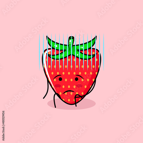 cute strawberry character with hopeless expression and sit down. green and red. suitable for emoticon, logo, mascot and icon