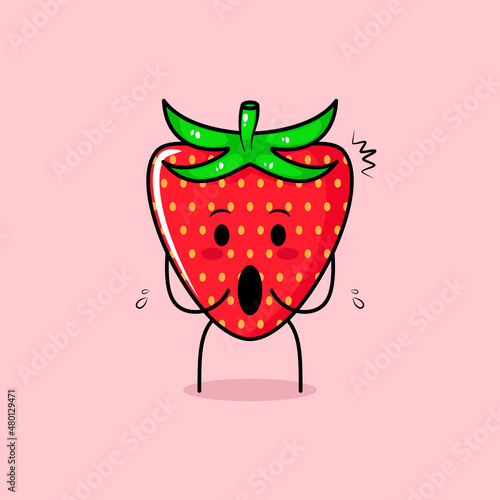 cute strawberry character with impressed expression and mouth open. green and red. suitable for emoticon, logo, mascot and icon