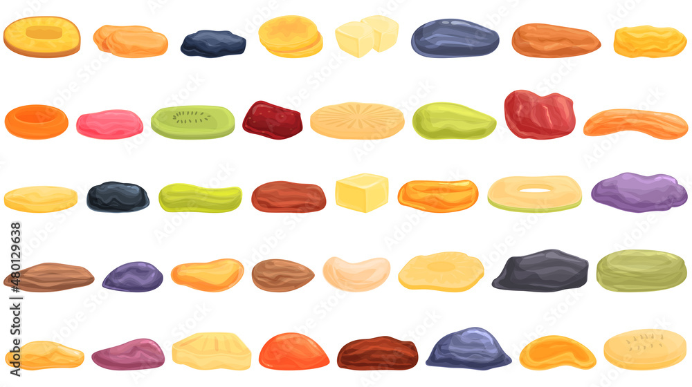 Dried fruits icons set cartoon vector. Apricot fig. Food pineapple Dried fruits icons set cartoon vector. Apricot fig. Food pineapple
