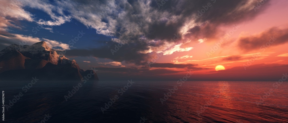 Sea sunset, ocean sunrise, sun over water, island of rocks at sunset in the ocean, 3D rendering - obrazy, fototapety, plakaty 