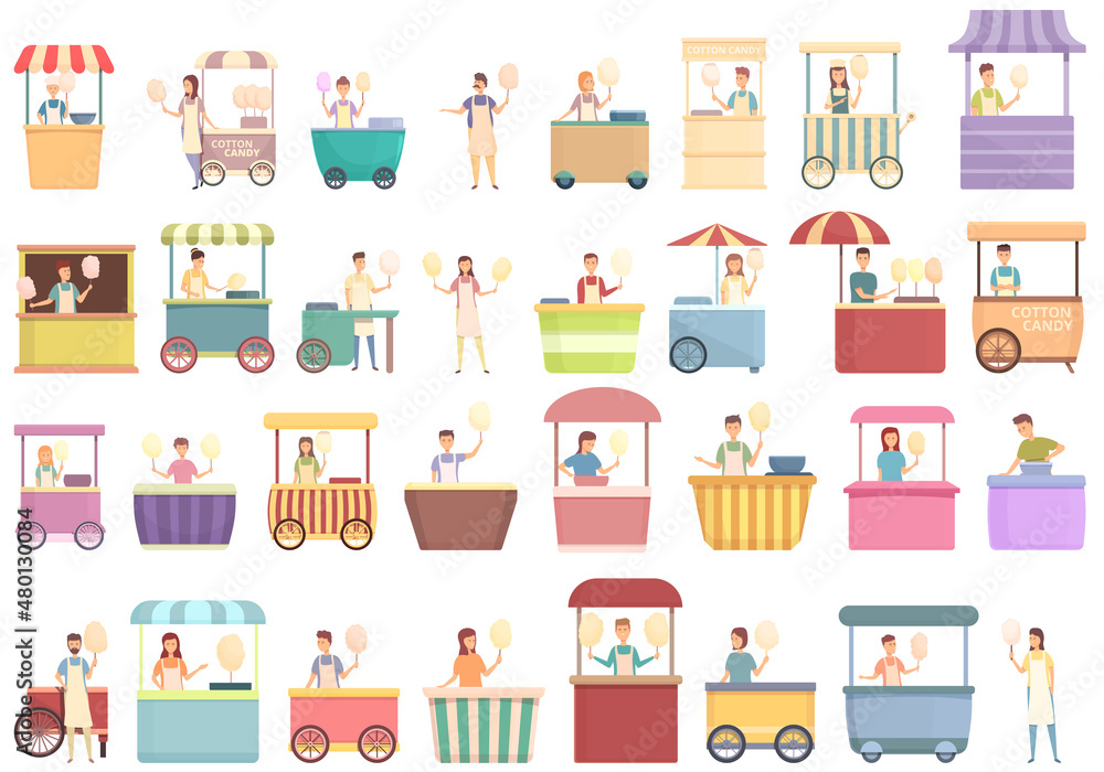 Cotton candy seller icons set cartoon vector. Food carnival. Fast kiosk Cotton candy seller icons set cartoon vector. Food carnival. Fast kiosk