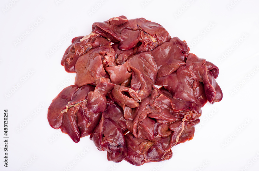 Raw fresh offal, chicken livers close-up, isolated on white background. Studio Photo Raw fresh offal, chicken livers close-up, isolated on white background. Studio Photo