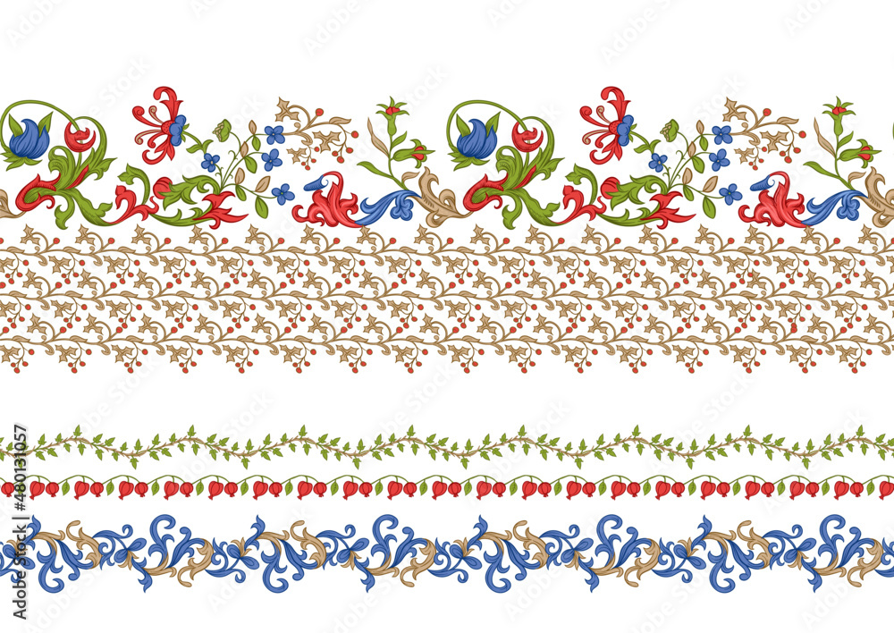 © Elen Lane - Floral vintage border line seamless pattern. Medieval illuminati manuscript inspiration. Design for wrapping paper, wallpaper, fabrics and fashion clothes. Vector illustration. © Elen Lane - Floral vintage border line seamless pattern. Medieval illuminati manuscript inspiration. Design for wrapping paper, wallpaper, fabrics and fashion clothes. Vector illustration.