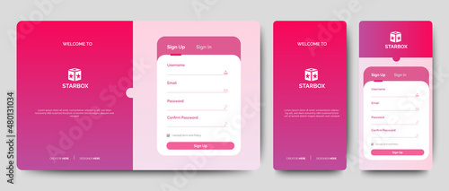 Set of Sign Up and Sign In forms. Red gradient. Mobile Registration and login forms page. Professional web design, full set of elements. User-friendly design materials.