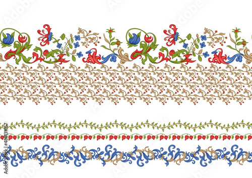 Floral vintage border line seamless pattern. Medieval illuminati manuscript inspiration. Design for wrapping paper, wallpaper, fabrics and fashion clothes. Vector illustration.