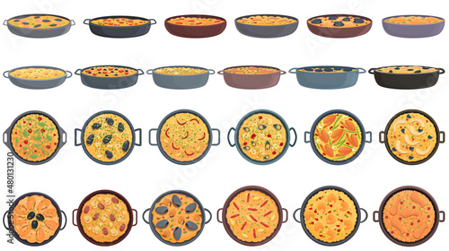 Paella icons set cartoon vector. Cook dish. Cuisine delicious