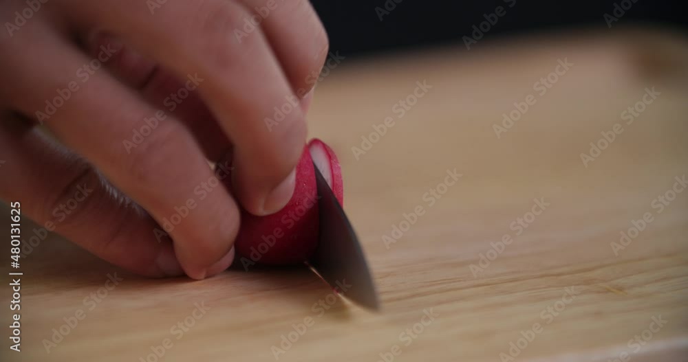 Close Up Cutting Red Radish on Wooden Board Close Up Cutting Red Radish on Wooden Board