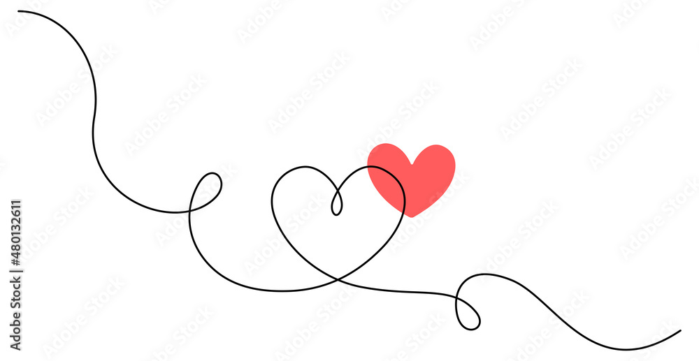Fototapeta premium One continuous drawing of heart and color shape love sign. Thin flourish and romantic symbols in simple linear style. Editable stroke. Doodle vector illustration
