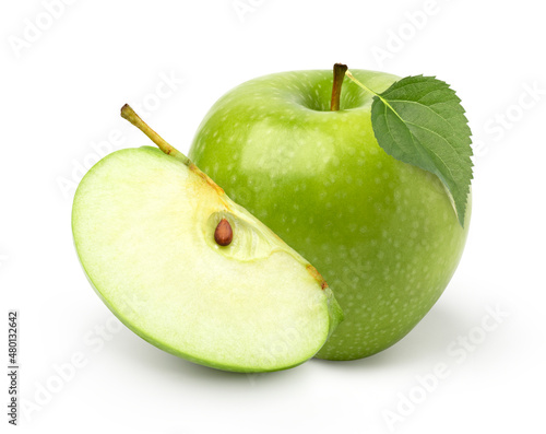 fresh green apple fruit and slices with leaves isolated on white background.