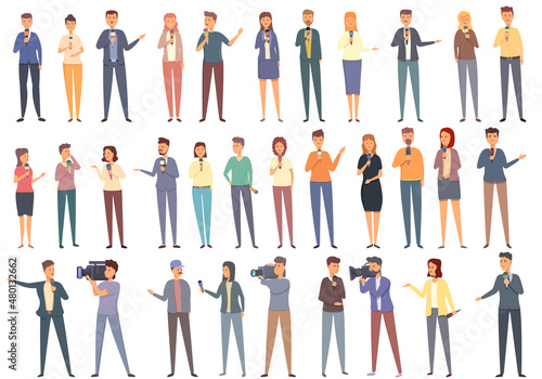 TV reporter icons set cartoon vector. Studio tv. Broadcast shooting