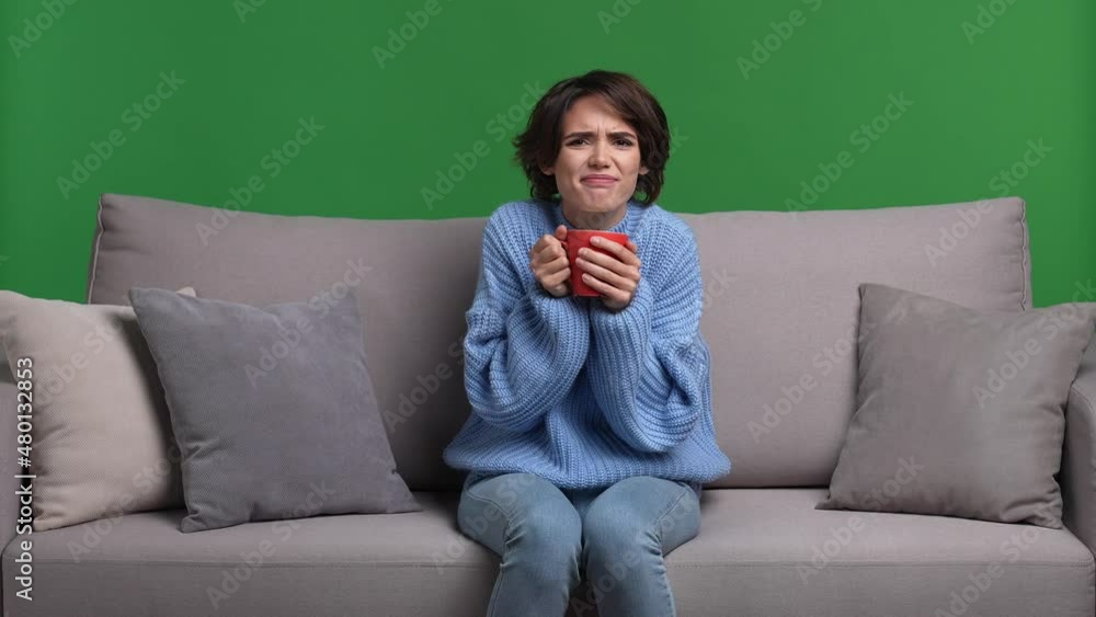 Lady sit divan frosty climate enjoy cacao isolated bright color background Lady sit divan frosty climate enjoy cacao isolated bright color background