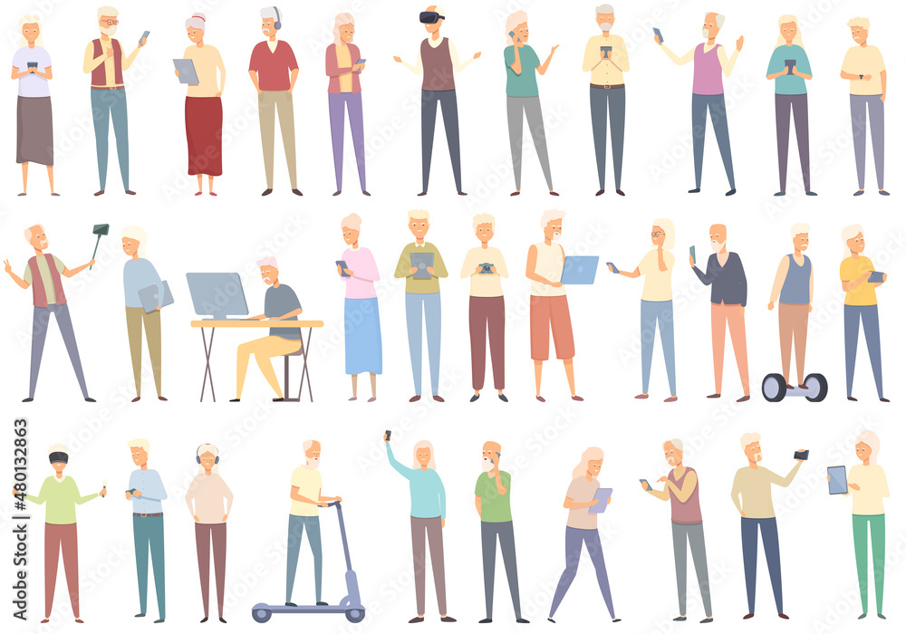 Old people using modern technology icons set cartoon vector. Adult age. Video call Old people using modern technology icons set cartoon vector. Adult age. Video call