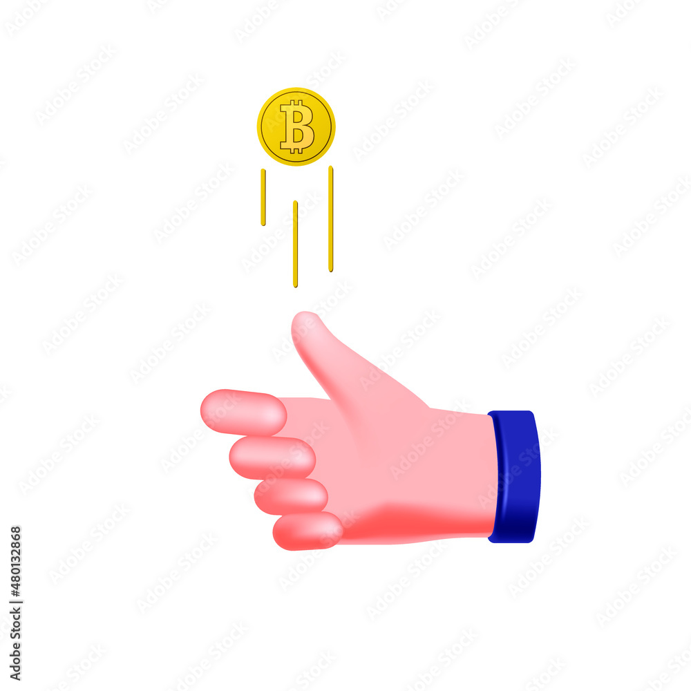 A hand throwing a bitcoin coin, 3D image on the theme of finance and cryptocurrency. Isolated on white background. Vector illustration A hand throwing a bitcoin coin, 3D image on the theme of finance and cryptocurrency. Isolated on white background. Vector illustration
