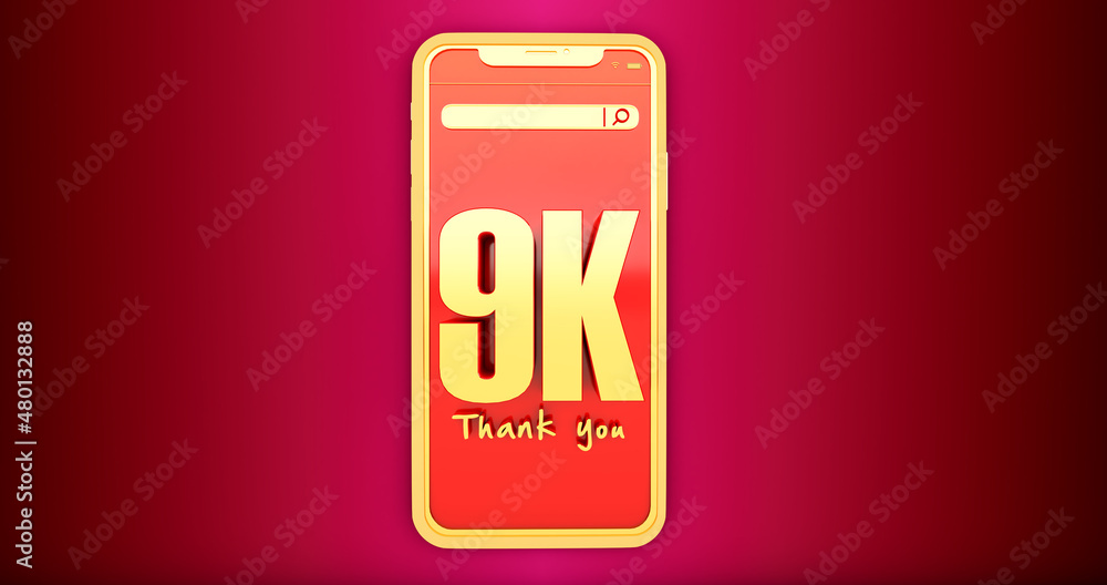 3D render of golden 9k numbers above a smartphone. Thanks 9k social media supporters.