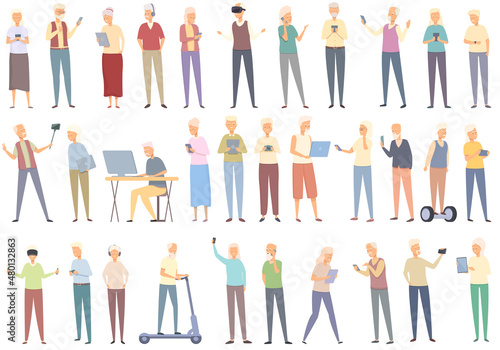 Old people using modern technology icons set cartoon vector. Adult age. Video call