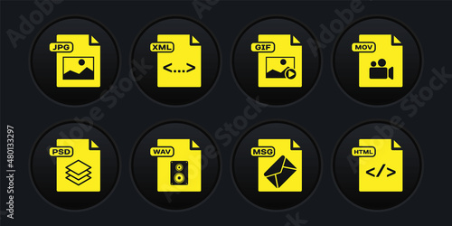 Set PSD file document, MOV, WAV, MSG, GIF, XML, HTML and JPG icon. Vector