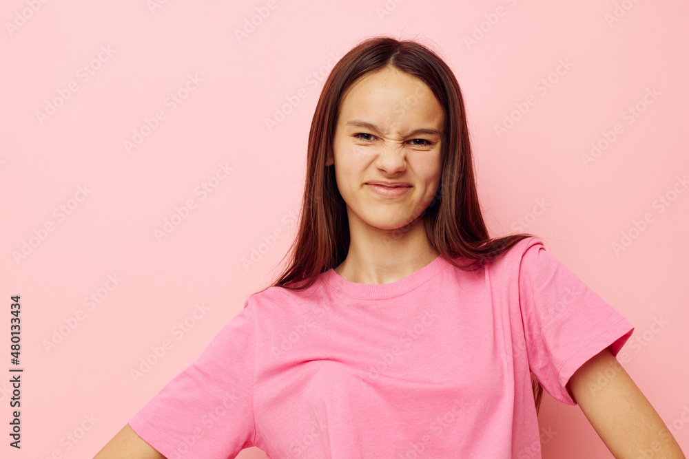 beautiful woman in stylish clothes posing emotions pink background beautiful woman in stylish clothes posing emotions pink background