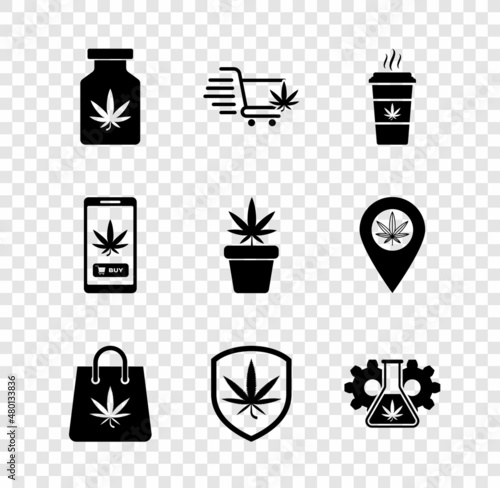 Set Medical bottle with marijuana, Shopping cart, Cup coffee, bag, Shield and, Test tube, Online buying and Marijuana plant pot icon. Vector