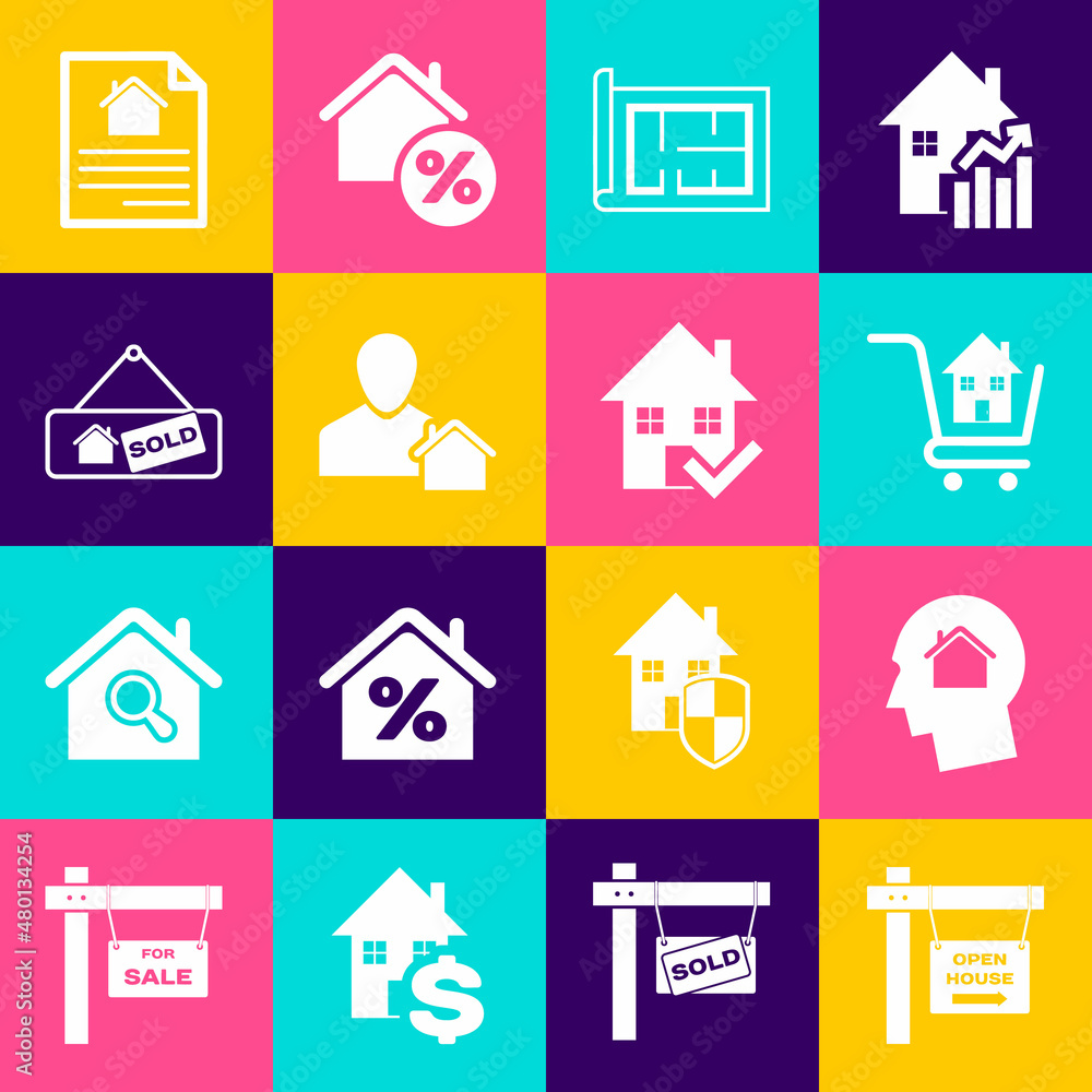 Set Hanging sign with Open house, Man dreaming about buying, Shopping cart, House plan, Realtor, Sold, contract and check mark icon. Vector Set Hanging sign with Open house, Man dreaming about buying, Shopping cart, House plan, Realtor, Sold, contract and check mark icon. Vector