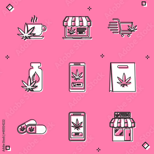 Set Cup tea with marijuana, Online buying, Shopping cart, Marijuana or cannabis leaf oil, bag of, Medical pills and icon. Vector