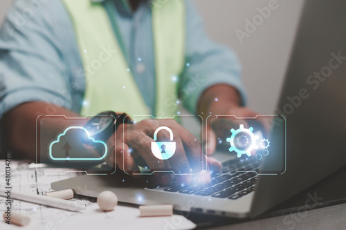 Businessmen or Engineer select the technology data of the financial business, finance, uncle and capital by touching the cloud Cloud computing business ideas 