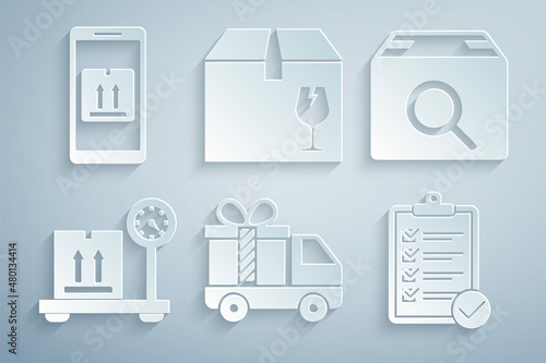 Set Delivery truck with gift, Search package, Scale cardboard box, Verification of delivery list, fragile content and Mobile app tracking icon. Vector