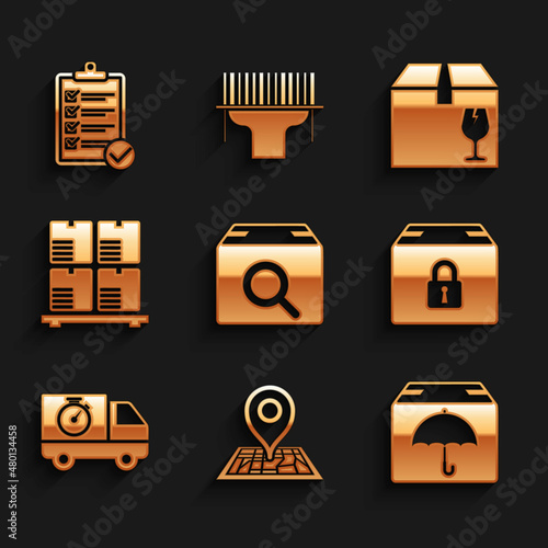 Set Search package, Placeholder on map, Delivery with umbrella, Locked, truck and stopwatch, Cardboard boxes pallet, fragile content and Verification of delivery list icon. Vector