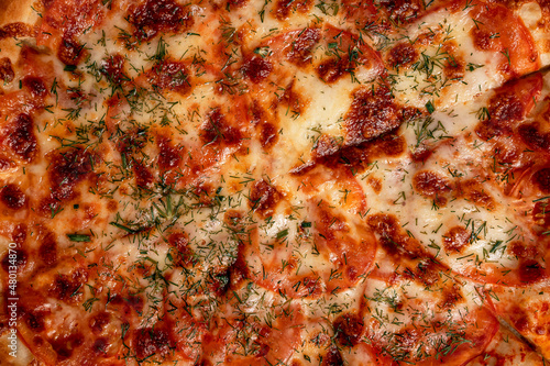 The background of the surface of a delicious pizza with cheese and dill