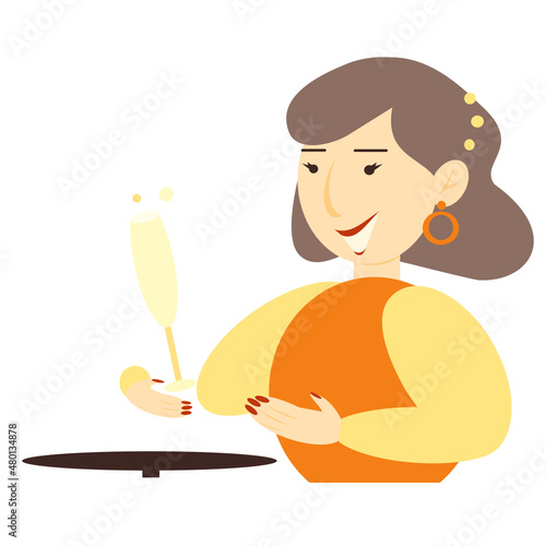 Vector illustration of a young brunette at a table in a restaurant with a glass. The girl is drinking champagne. Brunette