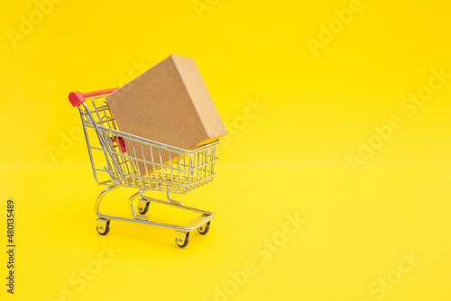 Shopping trolley with cardboard box. Copy space for promo text