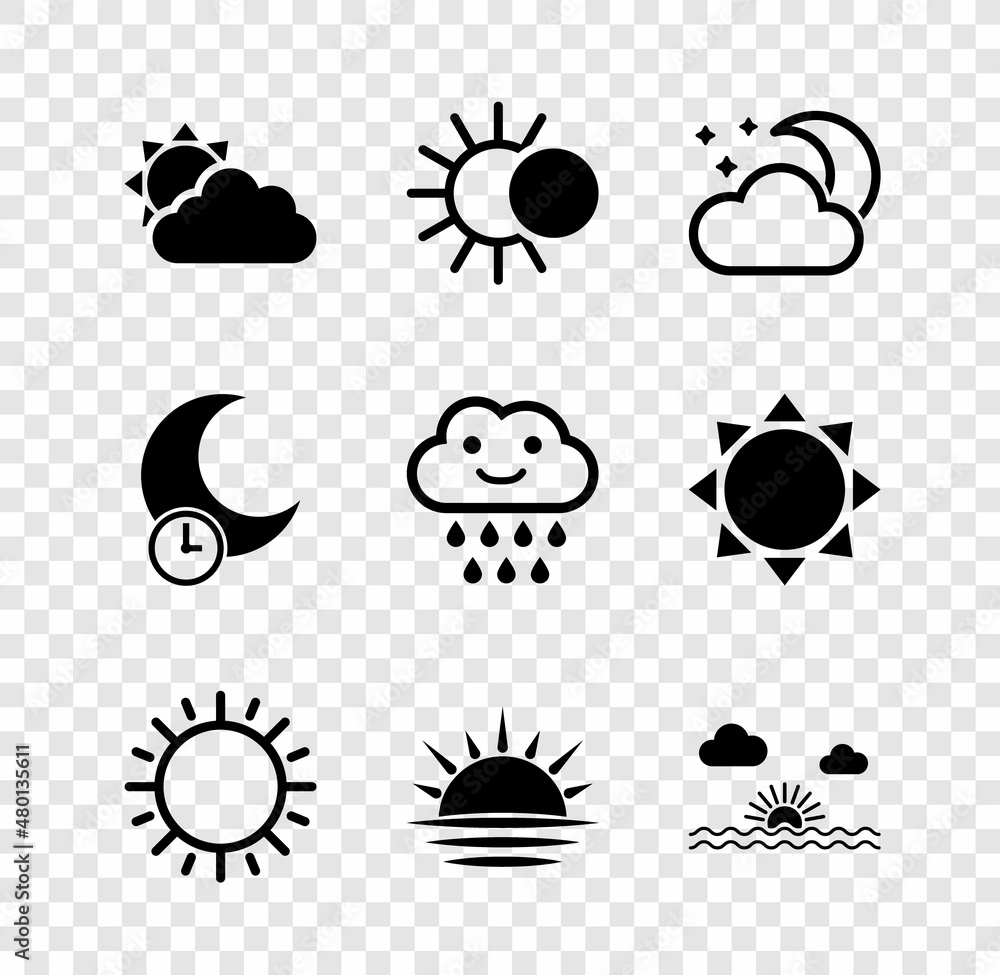 Set Sun and cloud weather, Eclipse of sun, Cloud with moon stars, Sunset, Sleeping and rain icon. Vector