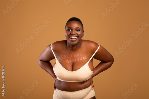 You Are Beautiful. Portrait Of Curvy Black Woman In Underwear