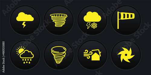 Set Cloud with snow, rain, sun, Cone meteorology windsock wind vane, Tornado, swirl, and lightning, and Storm icon. Vector