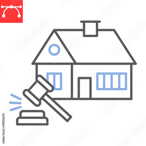 Real estate law line icon, judge and building, house vector icon, vector graphics, editable stroke outline sign, eps 10.