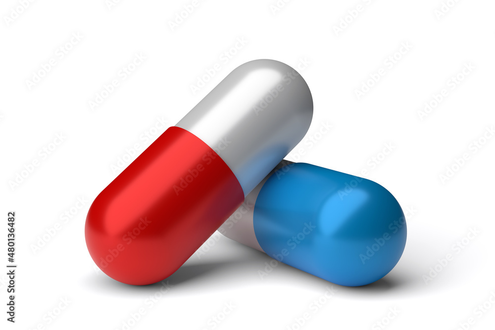 Blue-white red-white capsule pills isolated on a white background. 3d rendering. Stock Illustration | Adobe Stock