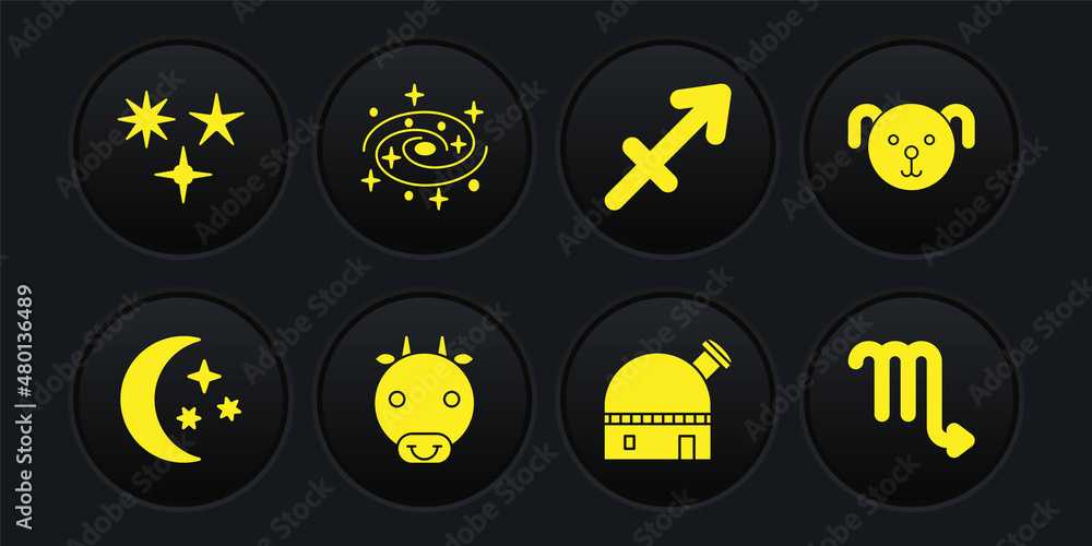 Set Moon and stars, Dog zodiac, Ox, Astronomical observatory, Sagittarius, Milky way spiral galaxy, Scorpio and Falling icon. Vector Set Moon and stars, Dog zodiac, Ox, Astronomical observatory, Sagittarius, Milky way spiral galaxy, Scorpio and Falling icon. Vector