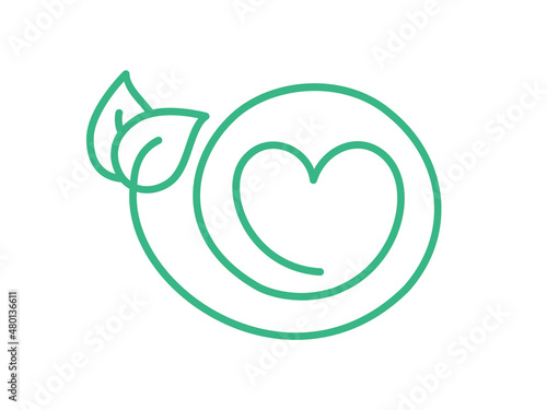 Heart and leaves logo template. Love nature ecological concept. Leaf and heart shape in a circle. Environmental friendly symbol. Plant based sign. Vector illustration, line icon, flat, clip art.  